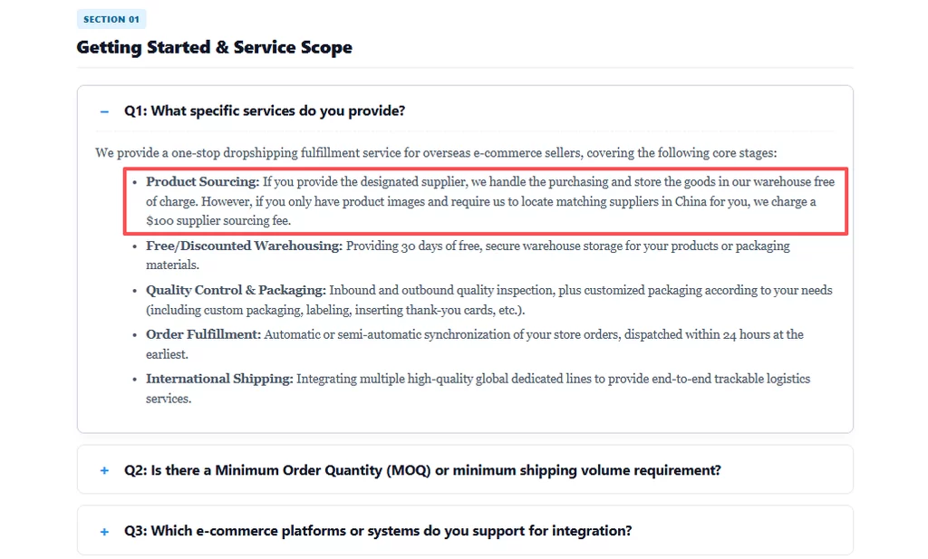 screenshot of dropshipping FAQ